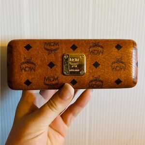 MCM Visetos Brown Logo Eyeglass Case Gold Plate Authentic